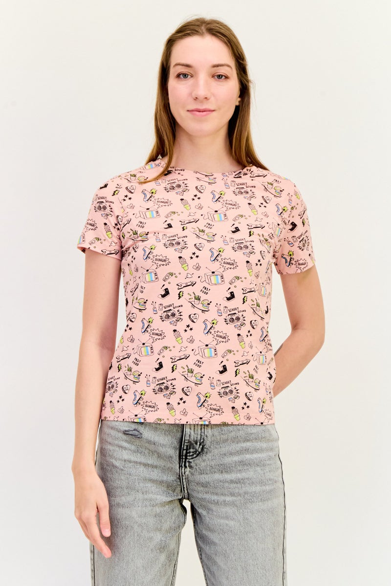 ONLY تي شيرت نسائي بأكمام قصيرة وياقة دائرية، مطبوع برسومات، متعدد الألوان - Image 1