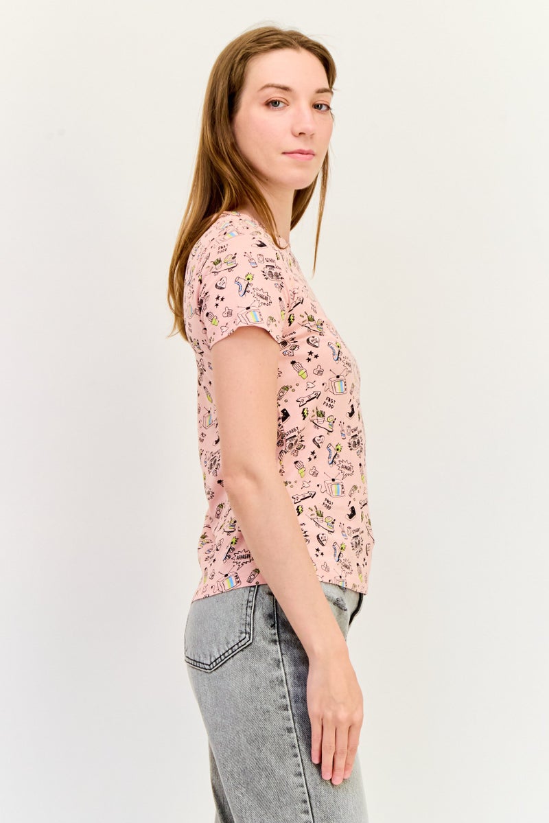 ONLY تي شيرت نسائي بأكمام قصيرة وياقة دائرية، مطبوع برسومات، متعدد الألوان - Image 4