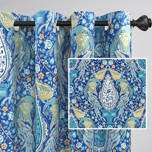 DriftAway Floral Teal Curtains for Bedroom 80% Blackout Thermal Insulated Lined Double Layer Vintage Peacock Printed Pattern Darkening Drapes for Living Room Grommet 2 Panels 52 Inch by 84 Inch Teal - Image 1