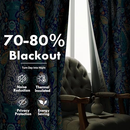 DriftAway Floral Teal Curtains for Bedroom 80% Blackout Thermal Insulated Lined Double Layer Vintage Peacock Printed Pattern Darkening Drapes for Living Room Grommet 2 Panels 52 Inch by 84 Inch Teal - Image 5