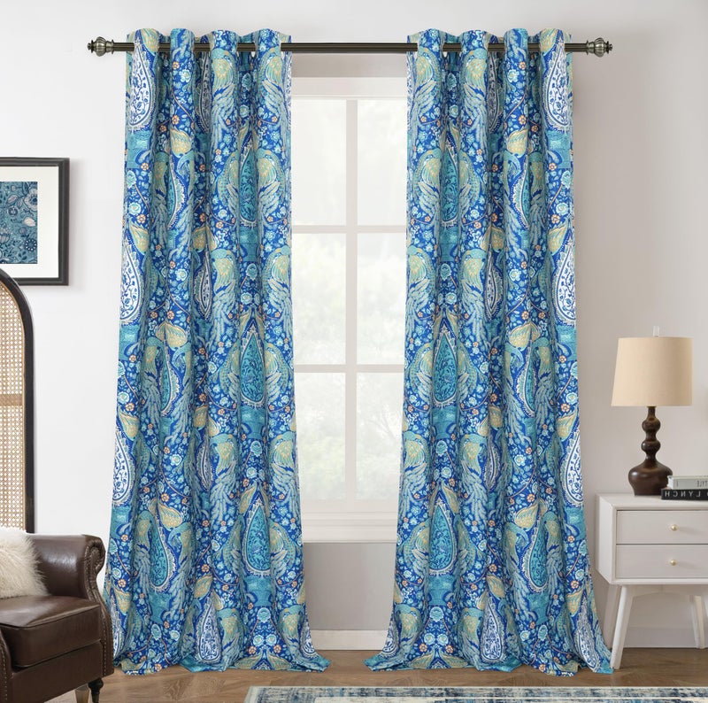 DriftAway Floral Teal Curtains for Bedroom 80% Blackout Thermal Insulated Lined Double Layer Vintage Peacock Printed Pattern Darkening Drapes for Living Room Grommet 2 Panels 52 Inch by 84 Inch Teal - Image 2