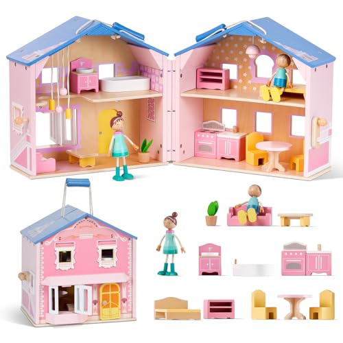 Giant bean Exquisite Pink Wooden Dollhouse for Girls with 2 Dolls and 12pcs Wooden FurnitureFoldable and Portable Pretend Play House Set with Handle Christmas Birthday Gift for Girls Kids Age 3 - Image 5