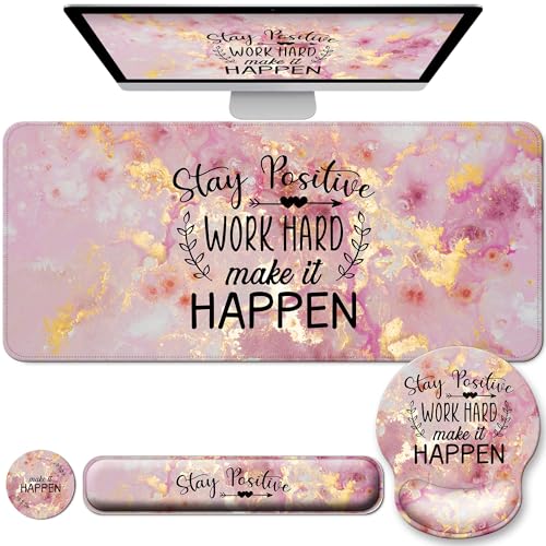 VINEBURY Desk Mat Set + Keyboard and Mouse Pad with Wrist Rest Support,4-in-1 Large Mousepad Computer Mats for Desktop Home & Office-Pink Positive - Image 1