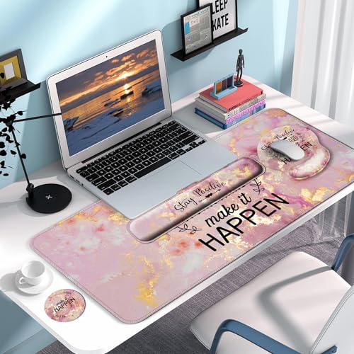 VINEBURY Desk Mat Set + Keyboard and Mouse Pad with Wrist Rest Support,4-in-1 Large Mousepad Computer Mats for Desktop Home & Office-Pink Positive - Image 4