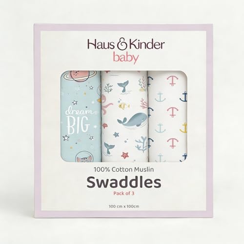 haus & kinder 100% Cotton Muslin Swaddle Wrap for New Born Baby | Pack of 3 (100×100 cm) | Baby Blanket & Swaddles for Newborn | Oasis Collection - Image 2