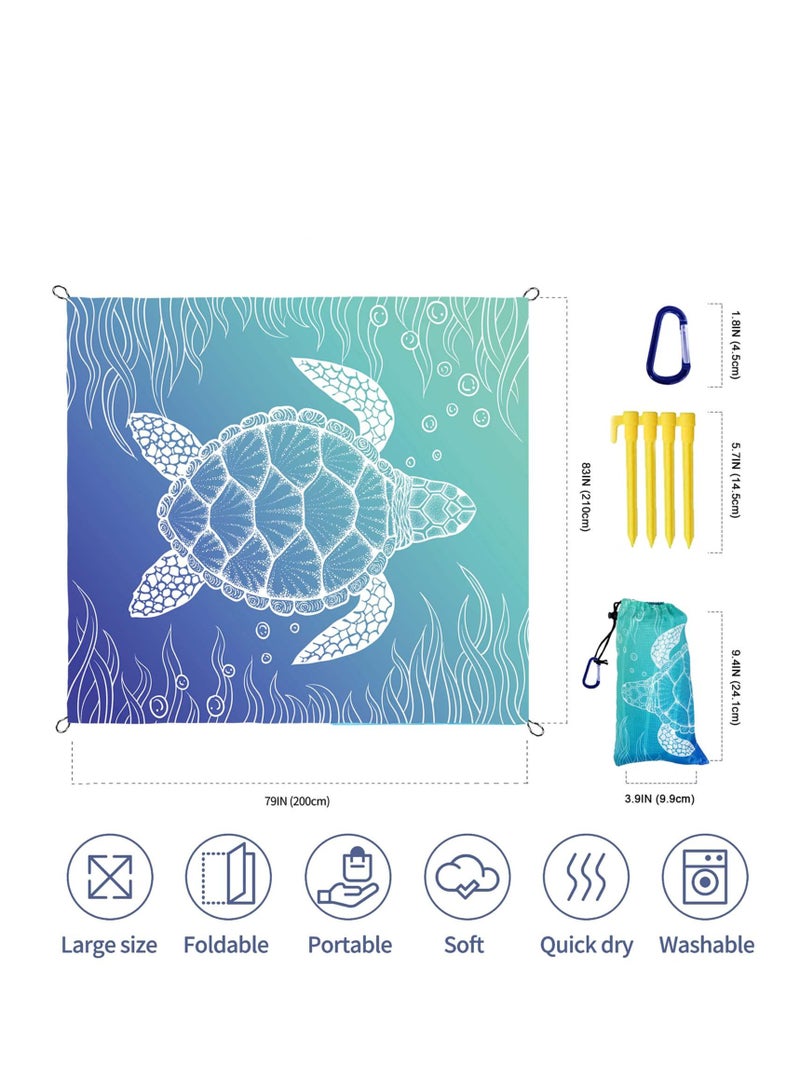 بطانية شاطئ، سجادة نزهة محمولة مقاومة للماء والرمال، مناسبة لليوغا على الشاطئ، مهرجان الموسيقى في الهواء الطلق، هدايا للتخييم والسفر مع 4 أوتاد و4 جيوب ركنية، تصميم سلحفاة بحرية، 82" × 86" - Image 5