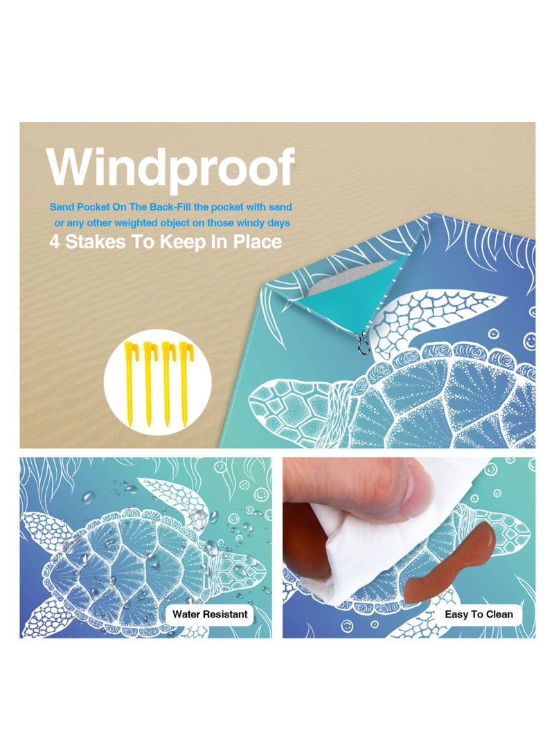 بطانية شاطئ، سجادة نزهة محمولة مقاومة للماء والرمال، مناسبة لليوغا على الشاطئ، مهرجان الموسيقى في الهواء الطلق، هدايا للتخييم والسفر مع 4 أوتاد و4 جيوب ركنية، تصميم سلحفاة بحرية، 82" × 86" - Image 4