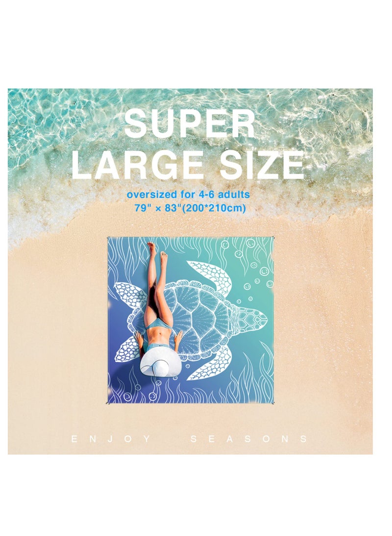 بطانية شاطئ، سجادة نزهة محمولة مقاومة للماء والرمال، مناسبة لليوغا على الشاطئ، مهرجان الموسيقى في الهواء الطلق، هدايا للتخييم والسفر مع 4 أوتاد و4 جيوب ركنية، تصميم سلحفاة بحرية، 82" × 86" - Image 2