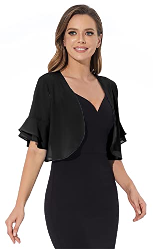 Sepsap Women Shrug Soft Chiffon Open Front Sheer 3/4 Sleeve Bolero Cardigan for Evening Dress(Black,L) - Image 4