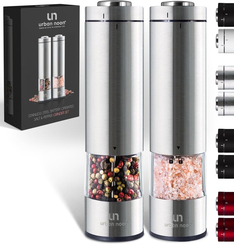 Electric Salt and Pepper Grinder Set  Battery Operated Stainless Steel Mill with Light 2 Mills  Automatic One Handed Operation  Electronic Adjustable Shakers  Ceramic Grinders