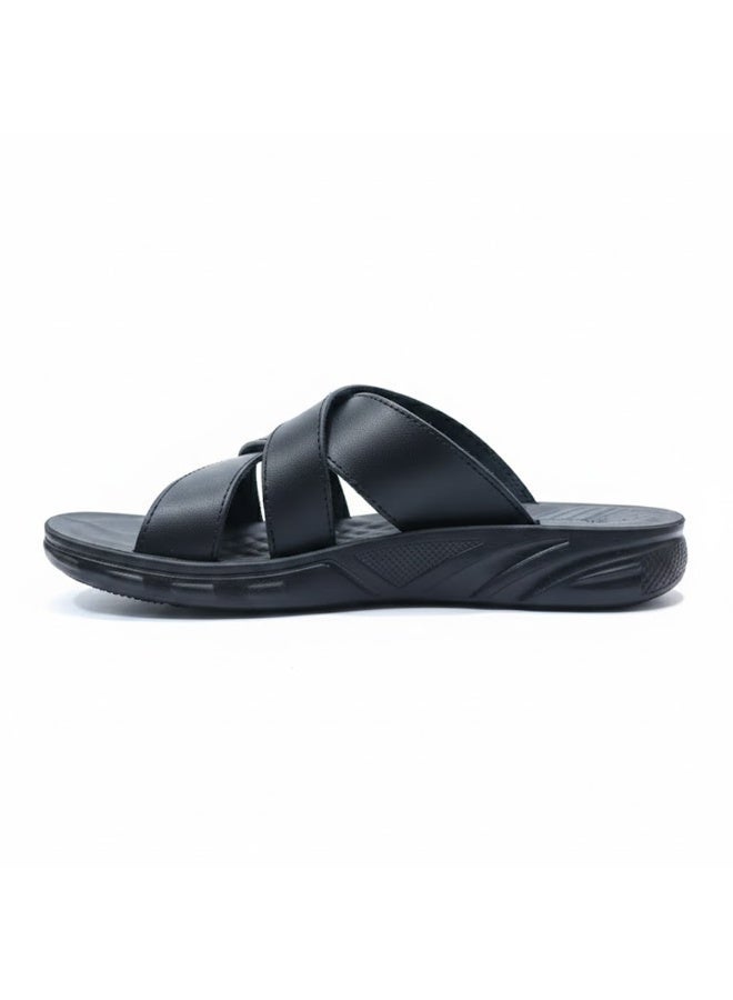 Men's black leather slippers – a modern, comfortable design with high-quality materials and a cushioned orthopedic insole – ideal for everyday wear and outings - Image 4