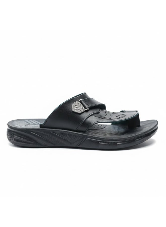Men's black leather slippers – a modern, comfortable design with high-quality materials and a cushioned orthopedic insole – ideal for everyday wear and outings - Image 3