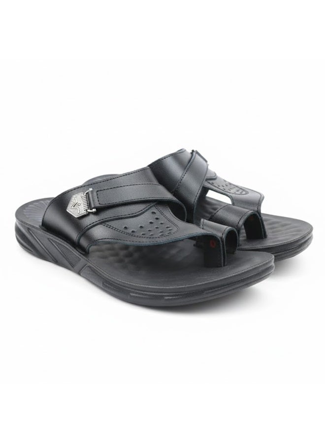 Men's black leather slippers – a modern, comfortable design with high-quality materials and a cushioned orthopedic insole – ideal for everyday wear and outings - Image 2