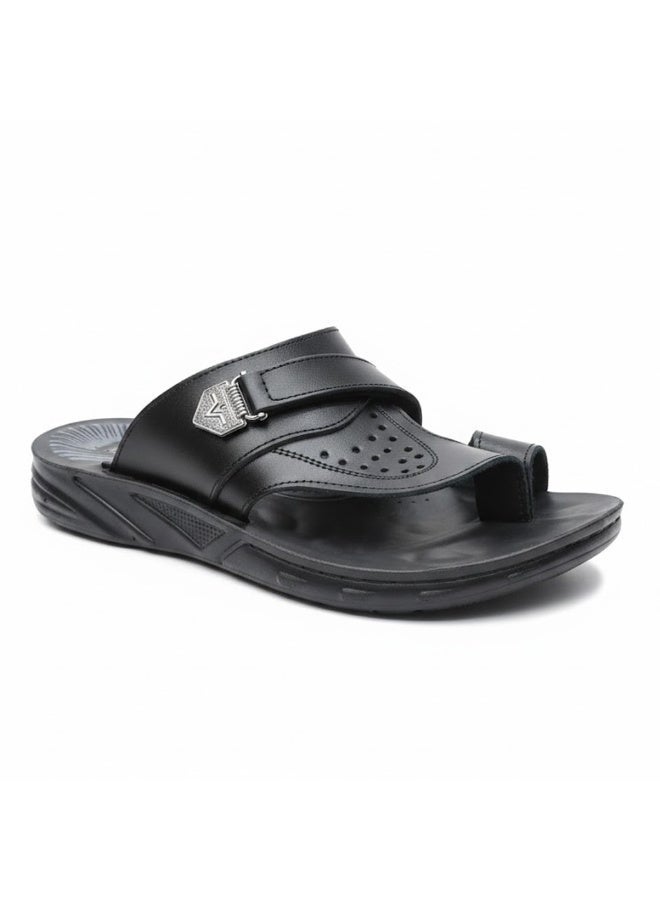 Men's black leather slippers – a modern, comfortable design with high-quality materials and a cushioned orthopedic insole – ideal for everyday wear and outings - Image 5