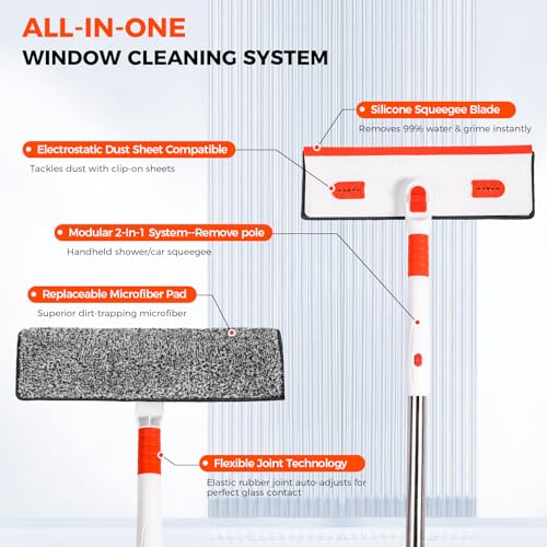 Keyloland Professional Window Squeegee 2-in-1, Window Cleaner with 55" Extension Pole, Premium Squeegee for Window Cleaning, Streak-Free Window Cleaning Kit for High Windows, Shower Glass, Car Windshield - Image 2