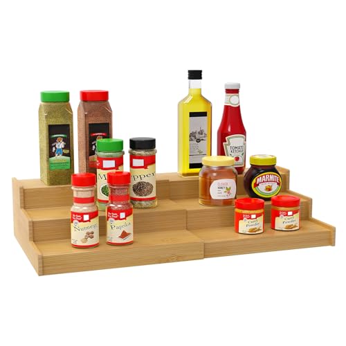 Lenwi Spice Rack Organizer for Cabinet, 3 Tier Expandable Bamboo Spice Storage, Great for Kitchen Cabinet, Cupboard,Pantry and More - Image 1
