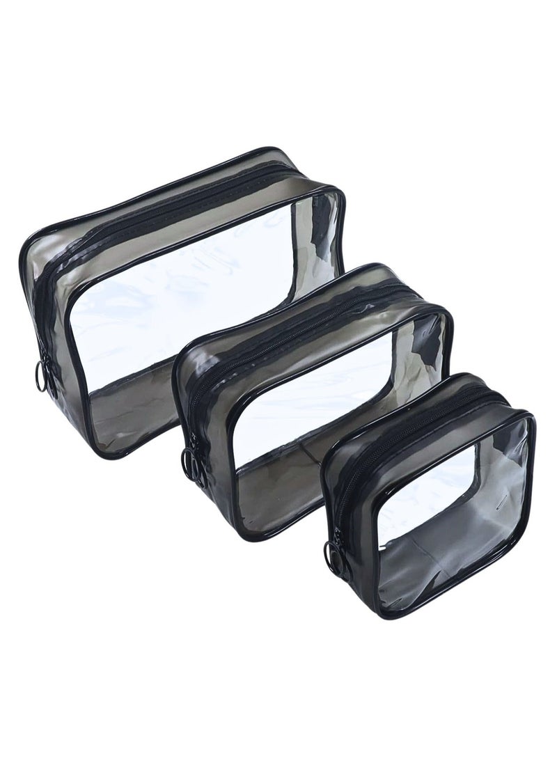SOLARAE - Pack of 3 Clear Cosmetic Pouch, Double Zipper Sliders Clear Travel Makeup Bags, Water Resistant Toiletry Bags, Portable Clear Pouches, Black - Image 1