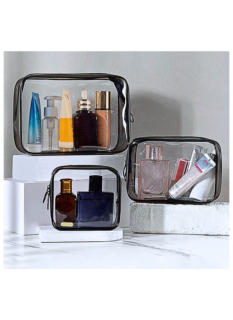 SOLARAE - Pack of 3 Clear Cosmetic Pouch, Double Zipper Sliders Clear Travel Makeup Bags, Water Resistant Toiletry Bags, Portable Clear Pouches, Black - Image 1