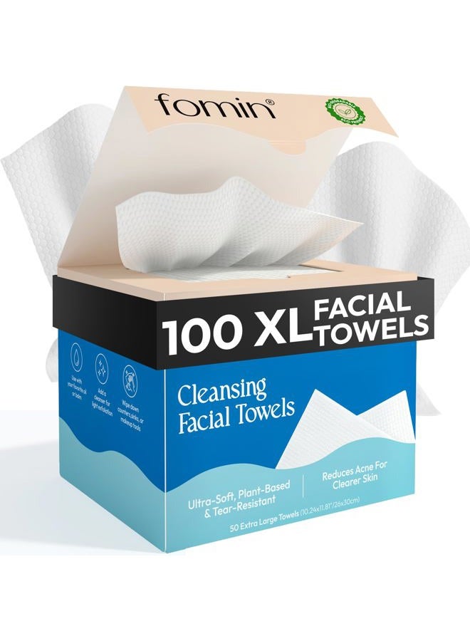 FOMIN Disposable Face Towels - 100 Count (2 Pack) 100% Biodegradable Ultra-Soft Face Towelette For Washing Face & Makeup Removal, 1ST Certified Vegan & Cruelty Free Facial Washcloth for All Skin Types - Image 1