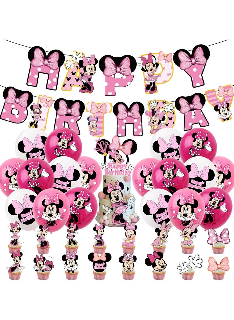Minnie Mouse Retro Polka Dot Mouse Balloon Garland Set with Birthday Banner & Cake Topper - Pink & Red Party Decor for Themed Celebrations, Baby Showers, Indoor/Outdoor Use (Vintage Cartoon Style)