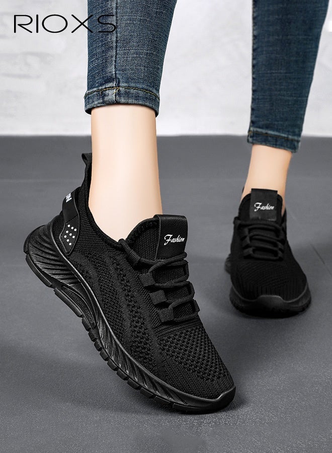 RIOXS Unisex Fashion Trainers, Men's Running Shoes, Women's Sports Shoes, Classic Slip On Breathable Knit Mesh Sneakers, Lightweight Walking Run Shoes for Men Women, Minimalist Tennis Shoes for Ladies, Comfortable Athlesiure Shoes for Man, Non Slip Workout Gym Trainers, Trendy Shoes for Jogging/ Hiking/ Fishing/ Casual/ Traveling/ Daily Wear, Black Footwear - Image 1