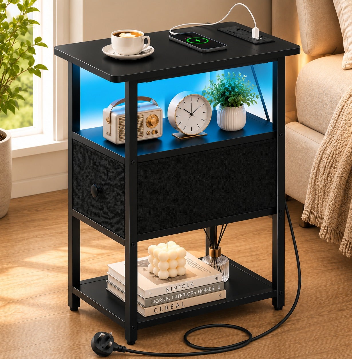 Modern 3-Tier Narrow Side Table with Charging Station & LED Light | Adjustable Fabric Drawer Nightstand | Bedside Table with Power Socket (UK Plug) for Bedroom & Living Room - Black