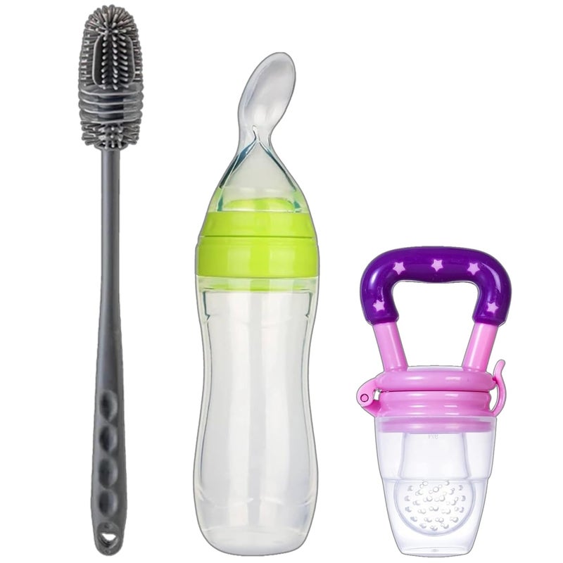 PGD Baby comprehensive feeding combo set Premium Steel Feeding Bottle, Silicone Baby Food Fruit Feeder Nibbler 10ml & Food Feeder Spoon 90ml with Long Handle Cleaning Brush (Deluxe 350ml Comprehensive Feeding Combo Set) - Image 3