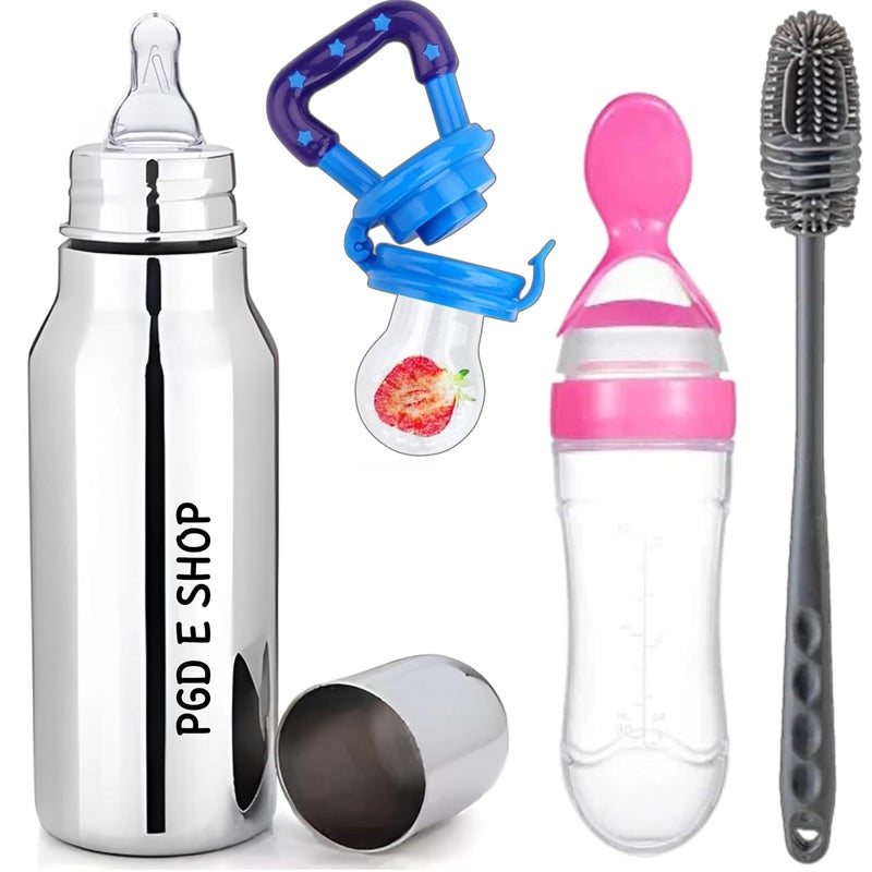 PGD Baby comprehensive feeding combo set Premium Steel Feeding Bottle, Silicone Baby Food Fruit Feeder Nibbler 10ml & Food Feeder Spoon 90ml with Long Handle Cleaning Brush (Deluxe 350ml Comprehensive Feeding Combo Set) - Image 1