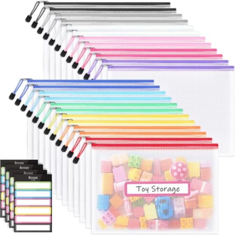 24 Pack Mesh Zipper Pouch with Sticky Labels, A4 Mesh Bags, Sturdy Letter Size File Folders Organizer, Office School Classroom Teacher Supplies, Toy Storage Bag Board Game Puzzles Organization - Image 1