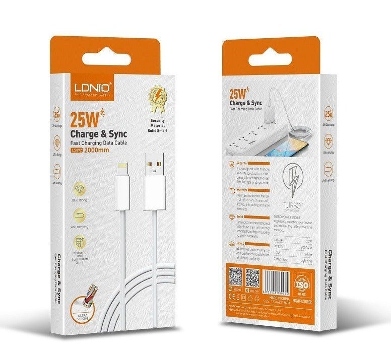 لدنيو كابل بيانات شحن سريع مضفر LDNIO LS891 بقوة 25 واط للآيفون لايتنينج، 1 متر، أبيض - Image 2