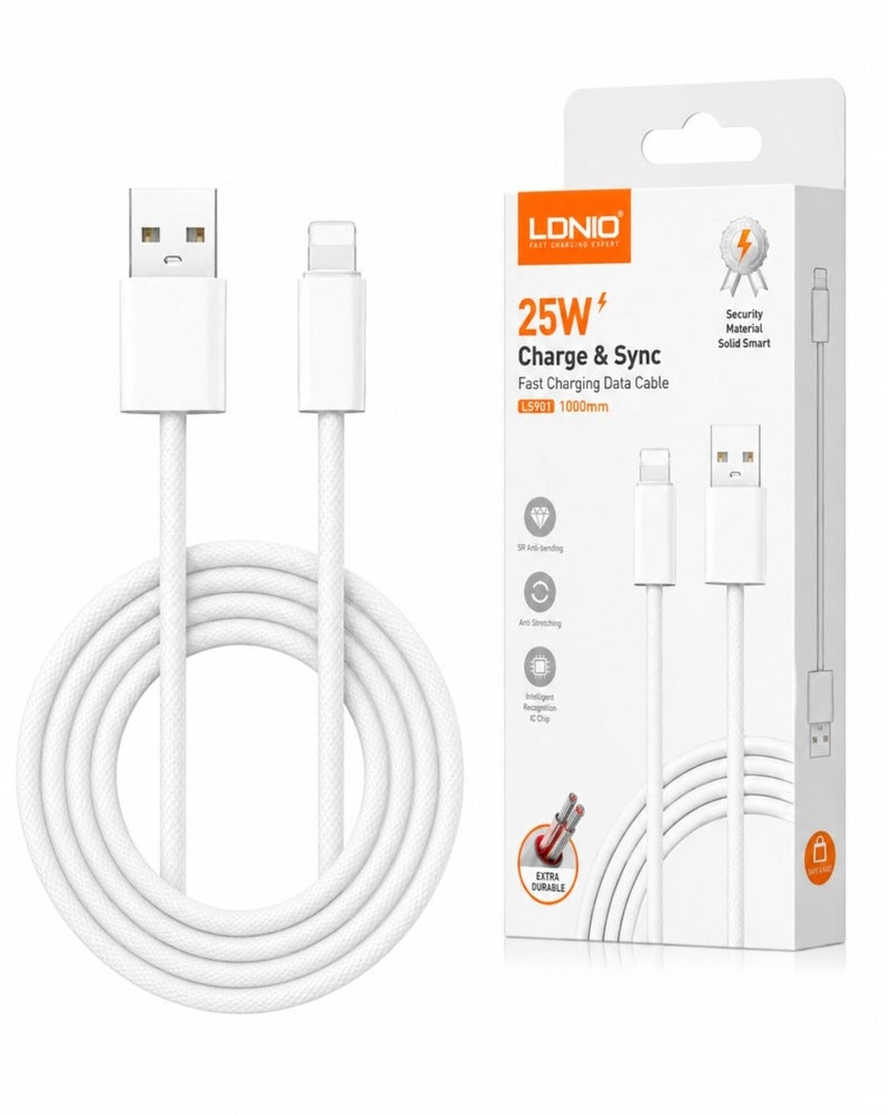 لدنيو كابل بيانات شحن سريع مضفر LDNIO LS891 بقوة 25 واط للآيفون لايتنينج، 1 متر، أبيض - Image 1