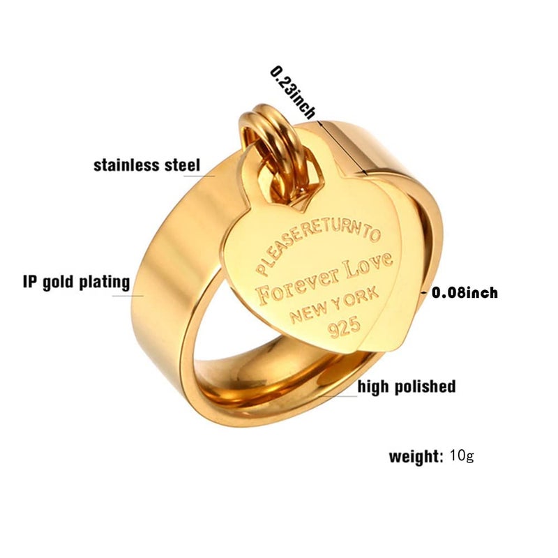 JINHUI Gold Rings for Women with Heart Charm, 6mm Wide Dangle Ring Stainless Steel 18k Gold Plated Engagement Stackable Thick Statement Rings for Men Size 6-10 (Gold, 6) - Image 4