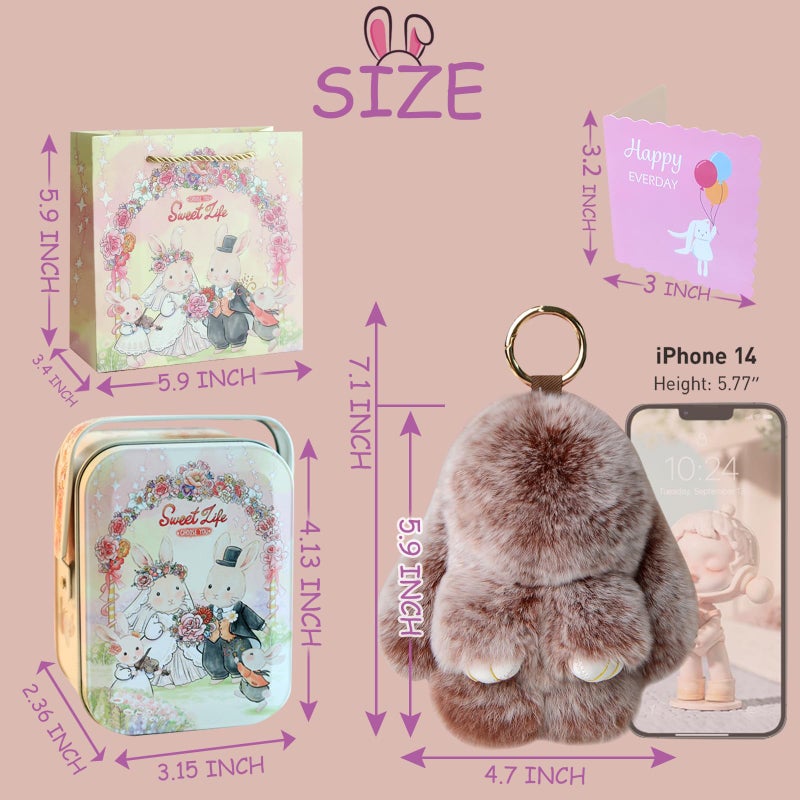 MINGRI Soft Bunny Keychain with Tin,Cute Valentines Gift Plush Keychain for Backpack,Bag Charm Gift Key Chain(Coffee) - Image 4
