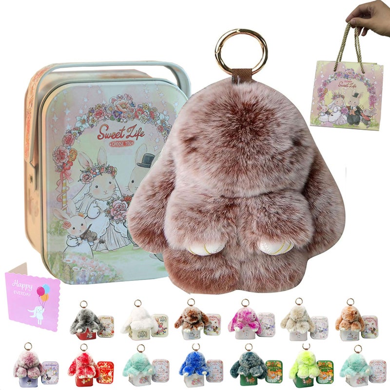 MINGRI Soft Bunny Keychain with Tin,Cute Valentines Gift Plush Keychain for Backpack,Bag Charm Gift Key Chain(Coffee) - Image 1