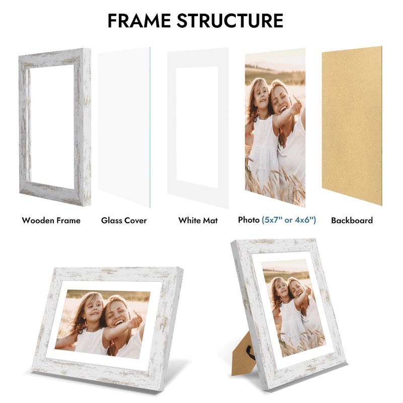 Hongkee 5x7 Picture Frame with Glass, Display Pictures 4x6 with Mat or 5 x 7 without Mat - Wall and Tabletop, 5 by 7 Photo Wooden Frames (Distressed White, 1 Pack) - Image 5