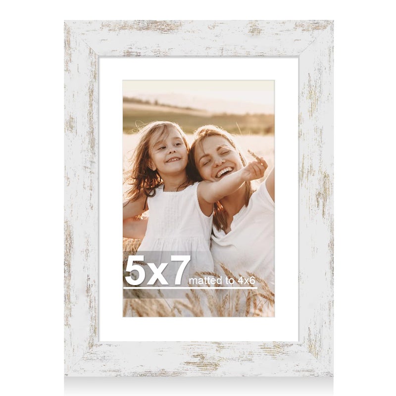 Hongkee 5x7 Picture Frame with Glass, Display Pictures 4x6 with Mat or 5 x 7 without Mat - Wall and Tabletop, 5 by 7 Photo Wooden Frames (Distressed White, 1 Pack) - Image 1