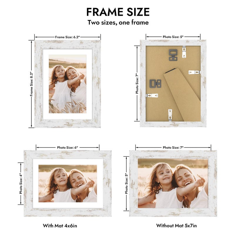 Hongkee 5x7 Picture Frame with Glass, Display Pictures 4x6 with Mat or 5 x 7 without Mat - Wall and Tabletop, 5 by 7 Photo Wooden Frames (Distressed White, 1 Pack) - Image 2