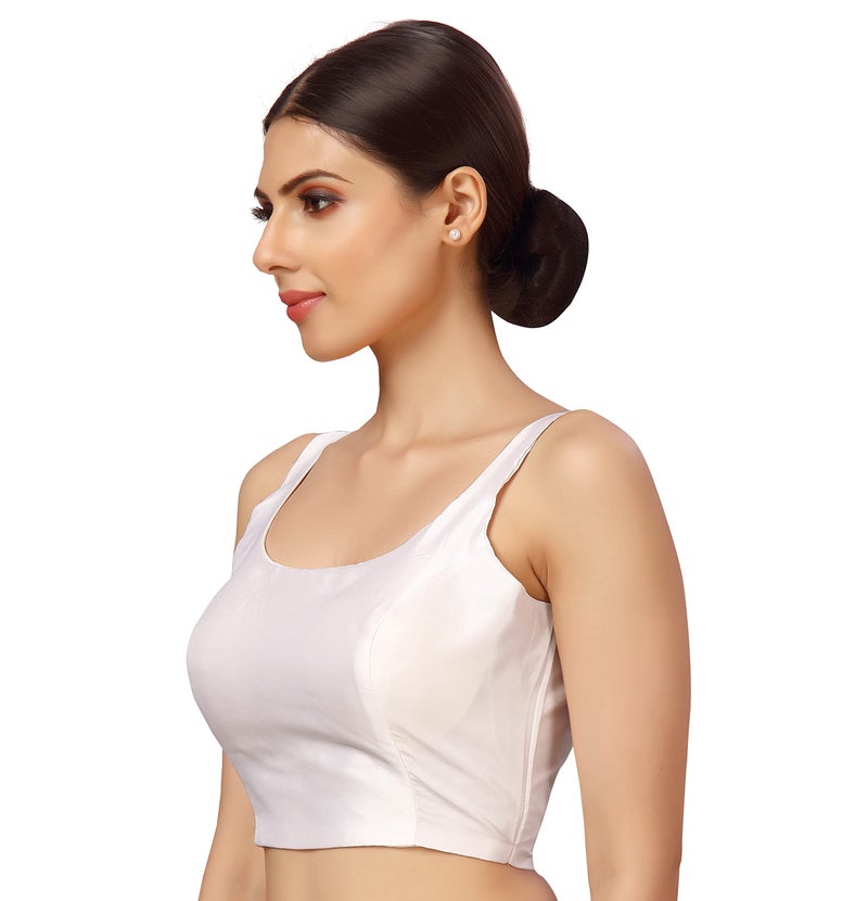 Studio Shringaar Women's Polyester Sleeveless Satin Padded Saree Blouse(White, 40) - Image 4