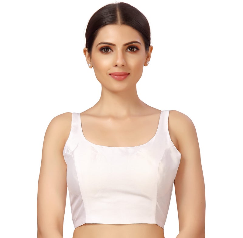 Studio Shringaar Women's Polyester Sleeveless Satin Padded Saree Blouse(White, 40) - Image 1