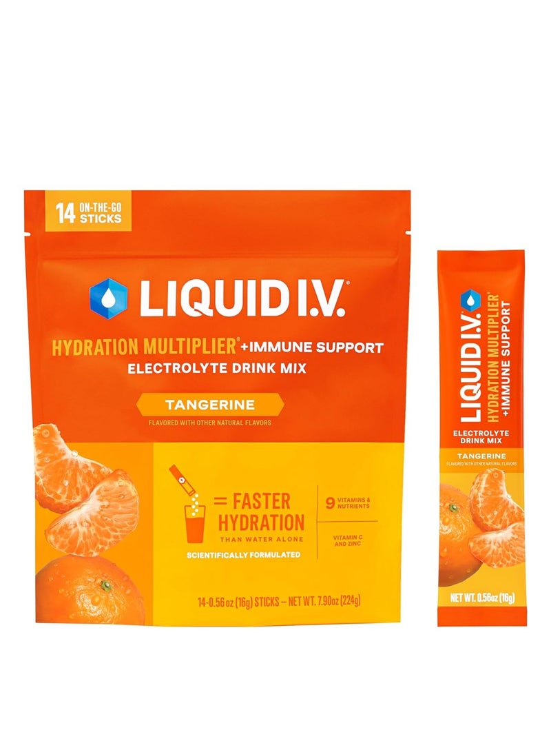 ليكويد آي.في. مضاعف الترطيب السائل IV® + دعم المناعة - اليوسفي - عبوات مسحوق الترطيب | مزيج مشروب مسحوق الإلكتروليت | أعواد مريحة للتقديم الفردي | غير معدل وراثيًا | عبوة واحدة (14 حصة)