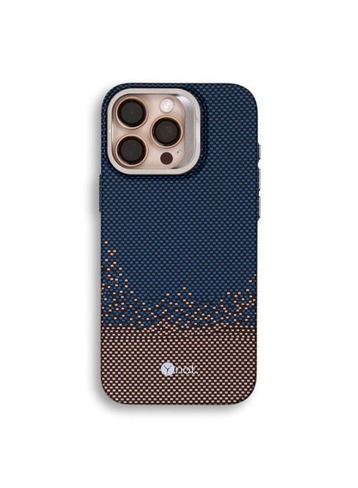YNOT MagSafe carbon fiber protection case with camera stand for iPhone 16 Pro - Blue speckled brown - Image 1