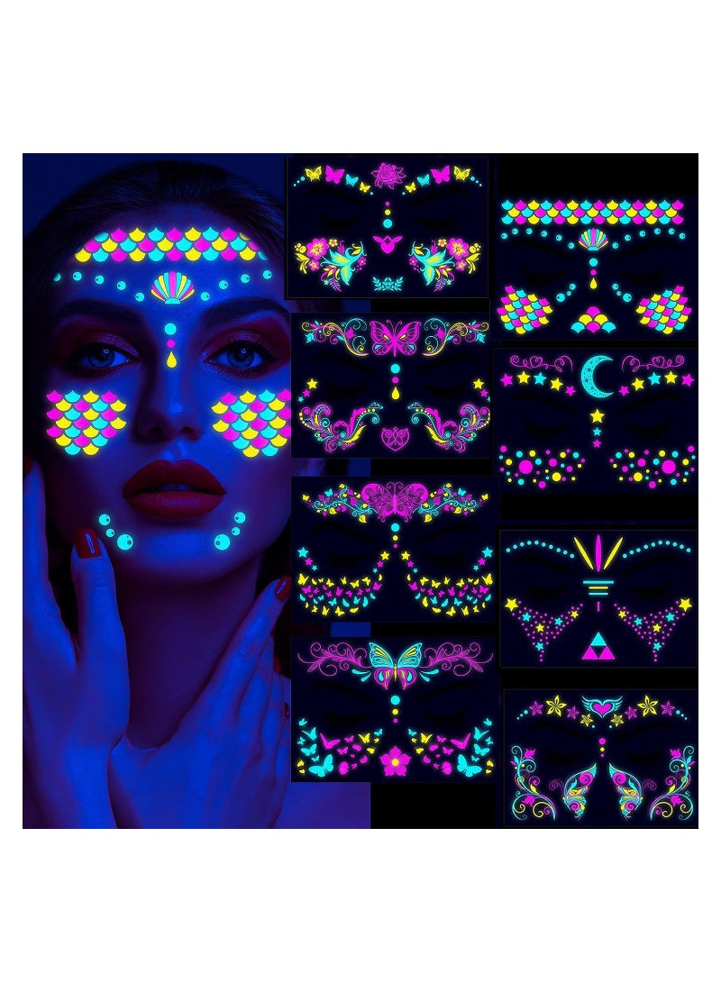 Excefore Glow In The Dark Tattoos for Adults, 8 Sheets Blacklight UV Neon Glow Temporary Tattoos Makeup Butterfly Tattoos Stickers for Glow In The Dark Party Supplies  - Image 1