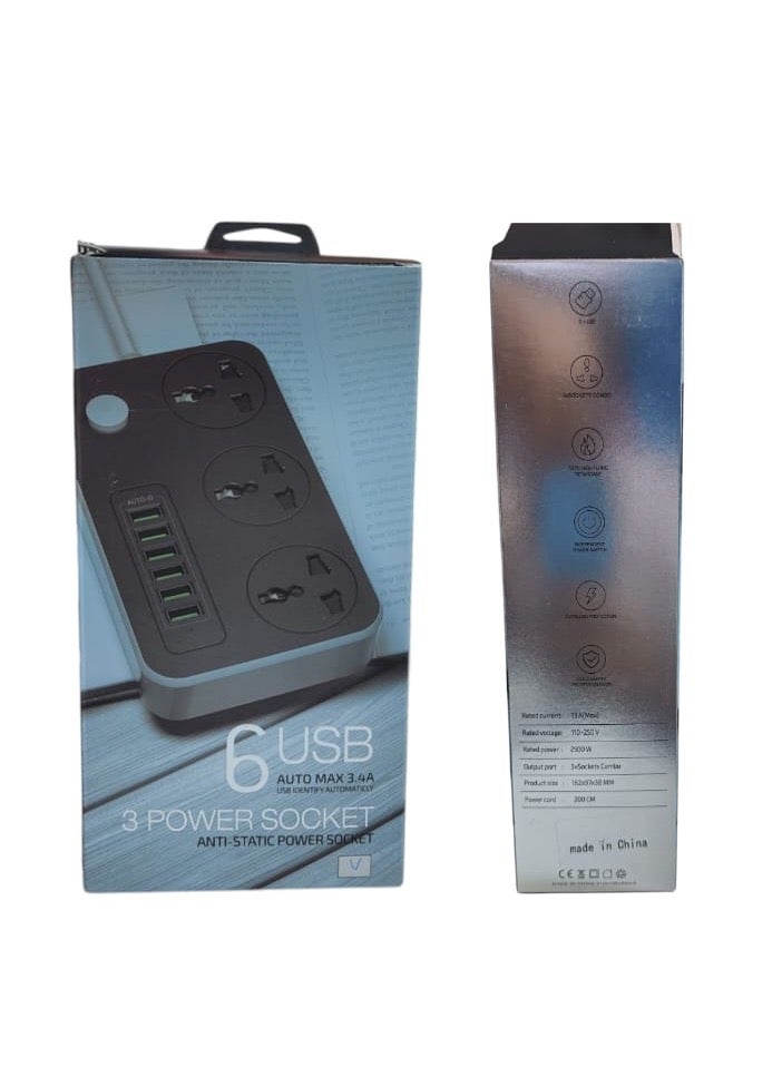 مشترك طاقة متعدد المقابس، ٣ منافذ تيار متردد و٦ منافذ USB، ٢٥٠٠ واط، كابل بطول مترين - مضاد للكهرباء الساكنة، محمي من الحمل الزائد - لوحة تمديد قابس عالمية - Image 1