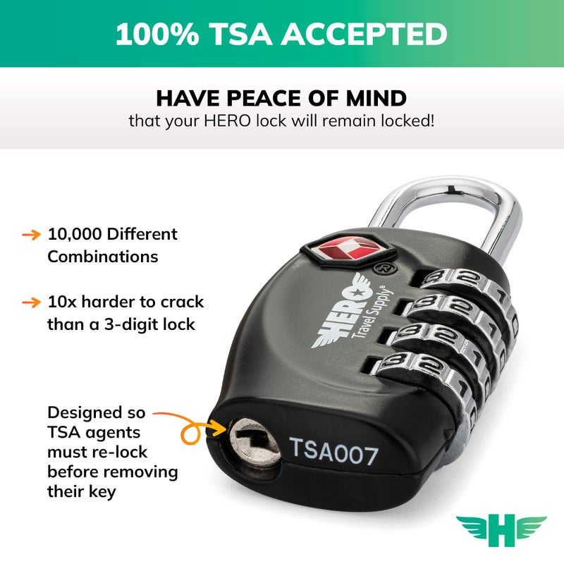 Hero Travel Supply قفل حقائب السفر من هيرو (عبوة من 4) معتمد من TSA، قفل تركيبة رباعية الأرقام للسفر، الحقائب، الخزائن، حقائب الظهر - Image 2