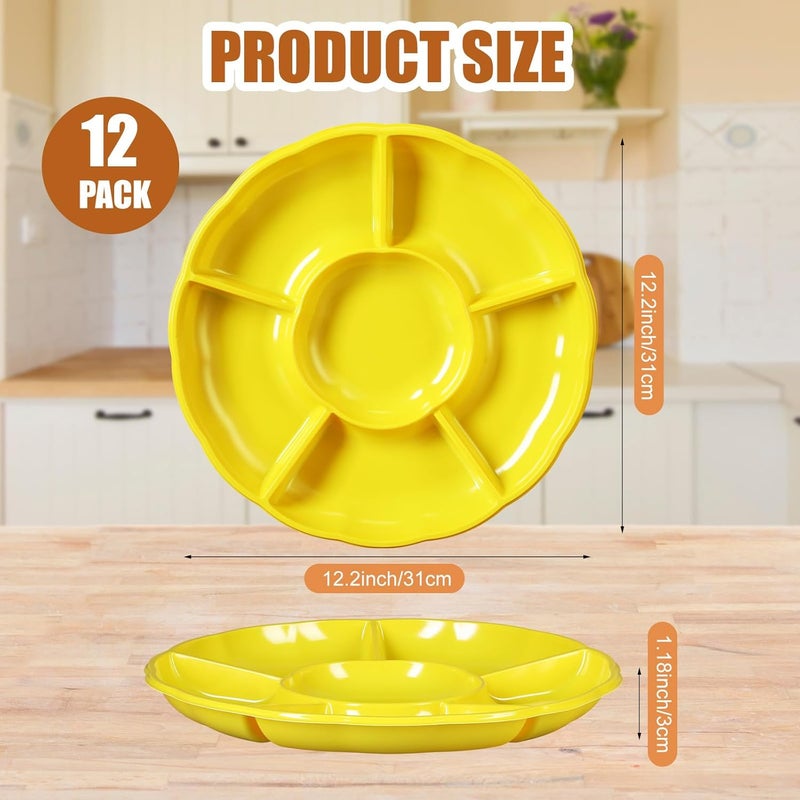 Rtteri 12 Pcs Plastic Divided Serving Trays 12 Inch Round Chip Dip Plate 6 Sectional Snacks Serving Dish Food Platters for Party Candy Nuts Fruits VeggiesYellow - Image 2