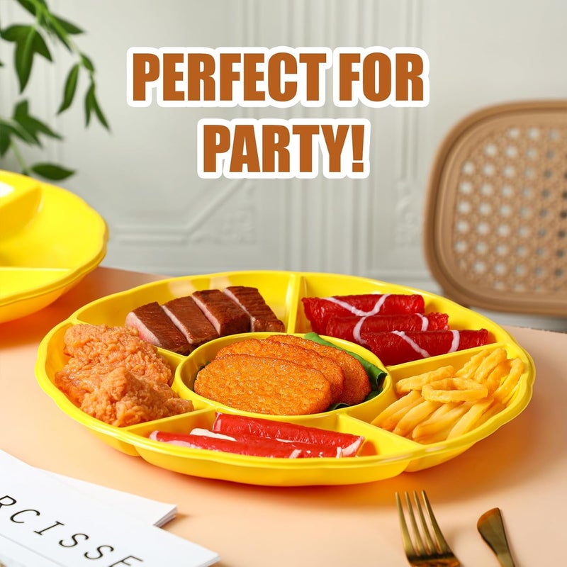 Rtteri 12 Pcs Plastic Divided Serving Trays 12 Inch Round Chip Dip Plate 6 Sectional Snacks Serving Dish Food Platters for Party Candy Nuts Fruits VeggiesYellow - Image 3