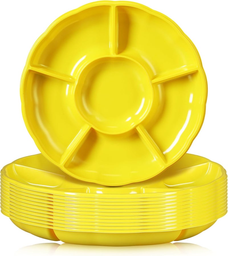 Rtteri 12 Pcs Plastic Divided Serving Trays 12 Inch Round Chip Dip Plate 6 Sectional Snacks Serving Dish Food Platters for Party Candy Nuts Fruits VeggiesYellow - Image 1