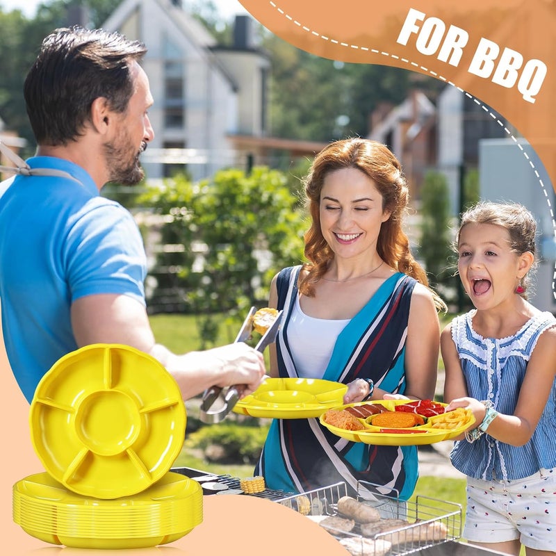 Rtteri 12 Pcs Plastic Divided Serving Trays 12 Inch Round Chip Dip Plate 6 Sectional Snacks Serving Dish Food Platters for Party Candy Nuts Fruits VeggiesYellow - Image 4