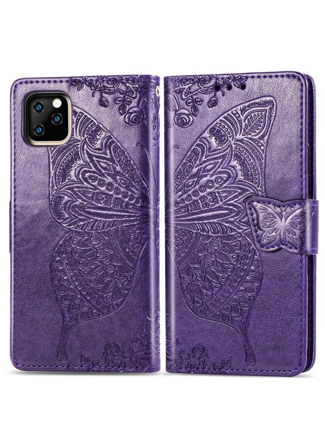 زبون جراب لهاتف iPhone 11 Pro من الجلد المنقوش بنقش زهور حب الفراشات مع حامل وفتحات للبطاقات ومحفظة وحبل - Image 1