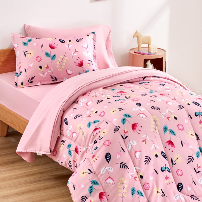 SLEEP ZONE Kids Twin Bedding Comforter Set Super Cute Soft Kids Bedding 5 Pieces Set with Comforter Sheet Pillowcase Sham Pink Flower
